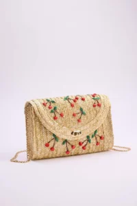 SHOES Beige Cherry Embroidered Wicker Mini Size Women portfolio & Clutch Bag - Image 4