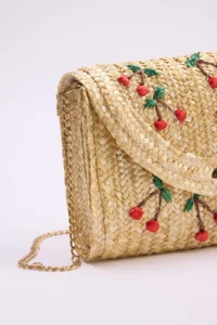 SHOES Beige Cherry Embroidered Wicker Mini Size Women portfolio & Clutch Bag - Image 5