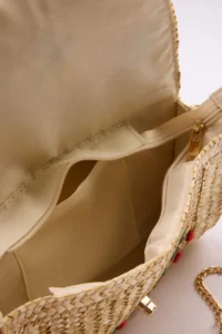 SHOES Beige Cherry Embroidered Wicker Mini Size Women portfolio & Clutch Bag - Image 7