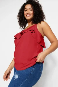 Trendyol Curve Red Adjustable Sleeveless Weaving with flywheel Yaka Plus Size Blouse - Image 2