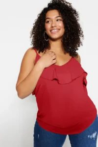 Trendyol Curve Red Adjustable Sleeveless Weaving with flywheel Yaka Plus Size Blouse - Image 3