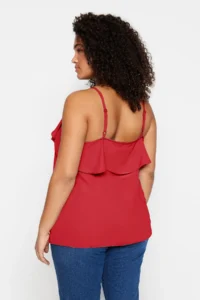 Trendyol Curve Red Adjustable Sleeveless Weaving with flywheel Yaka Plus Size Blouse - Image 5
