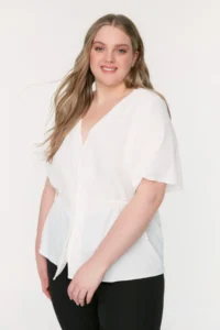 Trendyol Curve Ecru Weaving V-neck tied up Blouse - Image 3