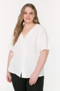 Trendyol Curve Ecru Weaving V-neck tied up Blouse - Image 4