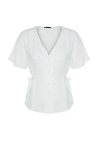 Trendyol Curve Ecru Weaving V-neck tied up Blouse - Image 6