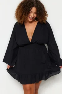 Trendyol Curve Black Double breasted Yaka Ruffled Skirt Weaving Plus Size Beach Dress - Image 2