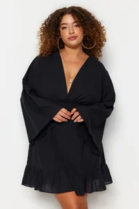 Trendyol Curve Black Double breasted Yaka Ruffled Skirt Weaving Plus Size Beach Dress - Image 3