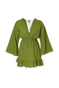 Trendyol Curve Oil Green Double breasted Yaka Ruffled Skirt Weaving Plus Size Beach Dress