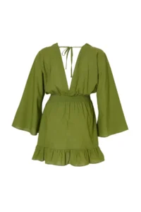 Trendyol Curve Oil Green Double breasted Yaka Ruffled Skirt Weaving Plus Size Beach Dress - Image 3