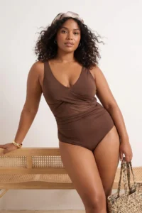Trendyol Curve Brown Belde Cut Out Mesh/Tulle Detailed Plus Size Swimsuit