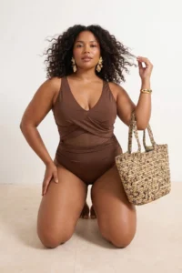 Trendyol Curve Brown Belde Cut Out Mesh/Tulle Detailed Plus Size Swimsuit - Image 2