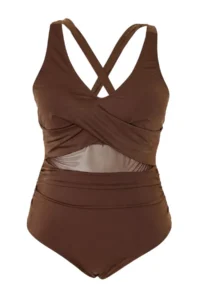 Trendyol Curve Brown Belde Cut Out Mesh/Tulle Detailed Plus Size Swimsuit - Image 4