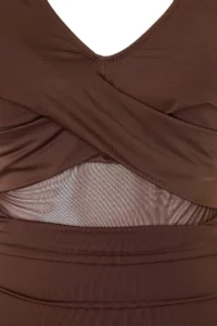 Trendyol Curve Brown Belde Cut Out Mesh/Tulle Detailed Plus Size Swimsuit - Image 5