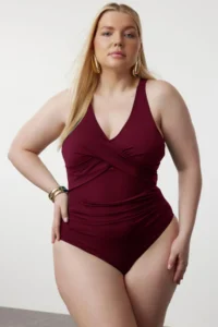 Trendyol Curve Burgundy Belde Cut Out Mesh/Tulle Detailed Plus Size Swimsuit