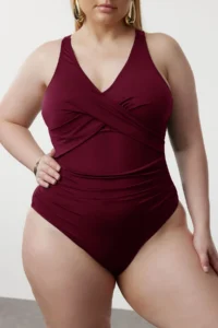 Trendyol Curve Burgundy Belde Cut Out Mesh/Tulle Detailed Plus Size Swimsuit - Image 2