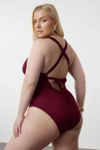 Trendyol Curve Burgundy Belde Cut Out Mesh/Tulle Detailed Plus Size Swimsuit - Image 3