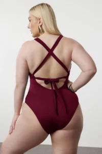Trendyol Curve Burgundy Belde Cut Out Mesh/Tulle Detailed Plus Size Swimsuit - Image 4