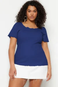 Trendyol Curve Mavi Ribbed Cowl Neck Knitting Plus Size Blouse
