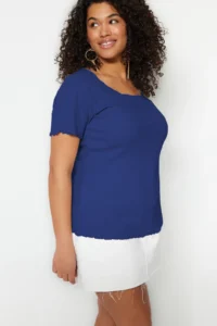 Trendyol Curve Mavi Ribbed Cowl Neck Knitting Plus Size Blouse - Image 2