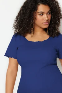 Trendyol Curve Mavi Ribbed Cowl Neck Knitting Plus Size Blouse - Image 3
