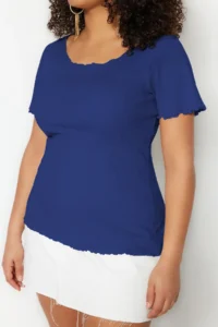 Trendyol Curve Mavi Ribbed Cowl Neck Knitting Plus Size Blouse - Image 4