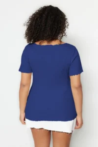 Trendyol Curve Mavi Ribbed Cowl Neck Knitting Plus Size Blouse - Image 5