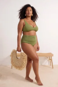 Trendyol Curve Oil Green High Waist Corseted Shirring Detailed Shaping Plus Size Bikini Bottom - Image 2