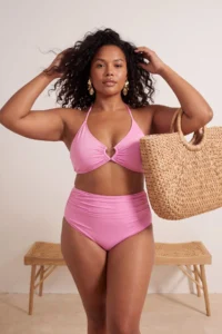 Trendyol Curve Pink High Waist Corseted Ruffle Detailed Shaping Plus Size Bikini Bottom - Image 2
