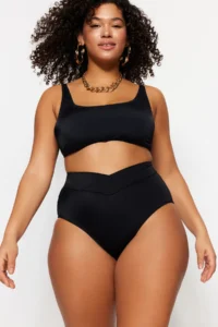 Trendyol Curve Black High Waist Verev Detailed Plus Size Bikini Bottom
