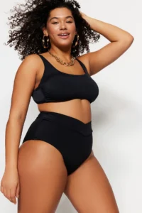 Trendyol Curve Black High Waist Verev Detailed Plus Size Bikini Bottom - Image 2