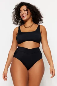 Trendyol Curve Black High Waist Verev Detailed Plus Size Bikini Bottom - Image 4