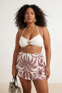 Trendyol Curve Brown Ethnic Patterned Shorts Etekli Mini Plus Size Bikini Bottom