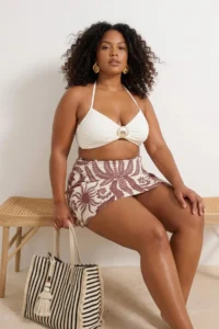 Trendyol Curve Brown Ethnic Patterned Shorts Etekli Mini Plus Size Bikini Bottom - Image 2