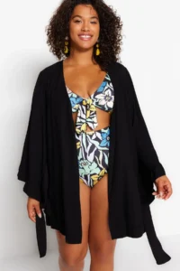 Trendyol Curve Black Kolu Frilly with flywheel Viscose beachwear Weaving Plus Size Kimono&Kaftan