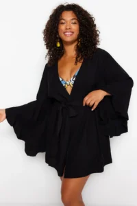 Trendyol Curve Black Kolu Frilly with flywheel Viscose beachwear Weaving Plus Size Kimono&Kaftan - Image 3