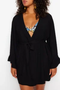 Trendyol Curve Black Kolu Frilly with flywheel Viscose beachwear Weaving Plus Size Kimono&Kaftan - Image 4
