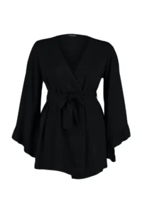 Trendyol Curve Black Kolu Frilly with flywheel Viscose beachwear Weaving Plus Size Kimono&Kaftan - Image 6