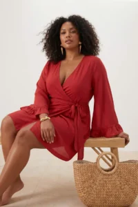 Trendyol Curve Brick Red Kolu Frilly with flywheel Viscose beachwear Weaving Plus Size Kimono&Kaftan - Image 2