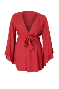 Trendyol Curve Brick Red Kolu Frilly with flywheel Viscose beachwear Weaving Plus Size Kimono&Kaftan - Image 4