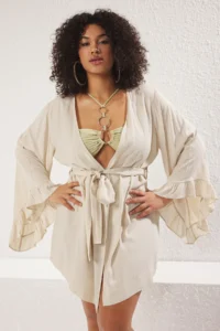 Trendyol Curve Ecru Kolu Frilly with flywheel Viscose beachwear Weaving Plus Size Kimono&Kaftan - Image 2