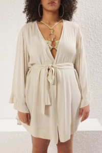 Trendyol Curve Ecru Kolu Frilly with flywheel Viscose beachwear Weaving Plus Size Kimono&Kaftan - Image 3