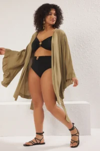 Trendyol Curve Khaki Kolu Frilly with flywheel Viscose beachwear Weaving Plus Size Kimono&Kaftan