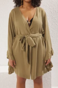 Trendyol Curve Khaki Kolu Frilly with flywheel Viscose beachwear Weaving Plus Size Kimono&Kaftan - Image 4