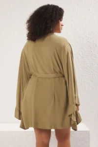Trendyol Curve Khaki Kolu Frilly with flywheel Viscose beachwear Weaving Plus Size Kimono&Kaftan - Image 5