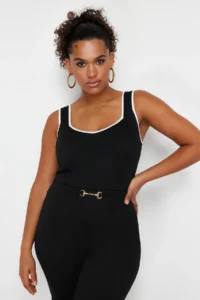 Trendyol Curve Black Stripe Detailed Square Neck bodycon Thin Knitwear Blouse - Image 2
