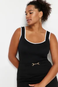 Trendyol Curve Black Stripe Detailed Square Neck bodycon Thin Knitwear Blouse - Image 3