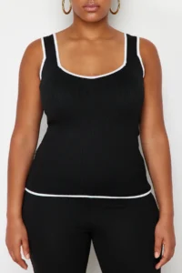 Trendyol Curve Black Stripe Detailed Square Neck bodycon Thin Knitwear Blouse - Image 4