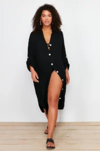 Trendyol Curve Black Midi Size Apolet Detailed Weaving Plus Size Beach Dress