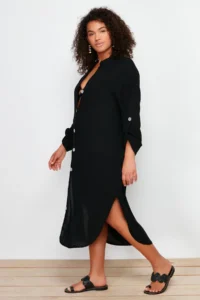 Trendyol Curve Black Midi Size Apolet Detailed Weaving Plus Size Beach Dress - Image 2
