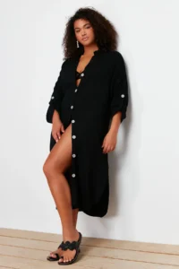 Trendyol Curve Black Midi Size Apolet Detailed Weaving Plus Size Beach Dress - Image 3